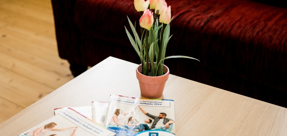 Ein Blumentopf mit blühenden Tulpen steht auf der Ecke eines kleinen Tisches, im Hintergrund sind Teile eines roten Sofas zu sehen.