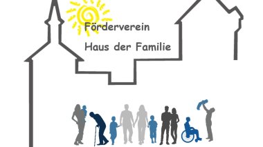 Ein stilisiertes Schloss als Dach für eine stilisierte Menschengruppe mit der Überschrift Förderverein Haus der Familie