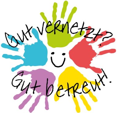 Fünf im Kreis angeordnete verschiedenfarbige Handabdrücke mit dem Text Gut vernetzt gut betreut