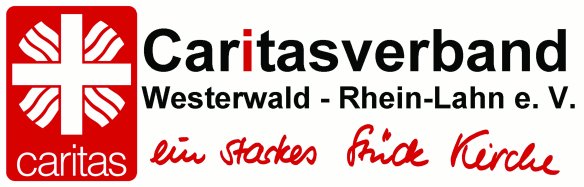 Schwarze Schrift auf weißem Hintergrund - Caritasverband Westerwald Rhein-Lahn e.V., das i in Caritas ist rot. Daneben ein rotes Feld mit zwei weißen Kreuzen die sich überlagern und der Unterschrift Caritas.
