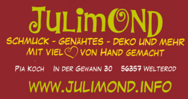 Rotes Schild mit der Aufschrift Julimond - Schmuck, Genähtes, Deko und mehr mit viel Herz von Hand gemacht. Pia Koch www.julimond.info