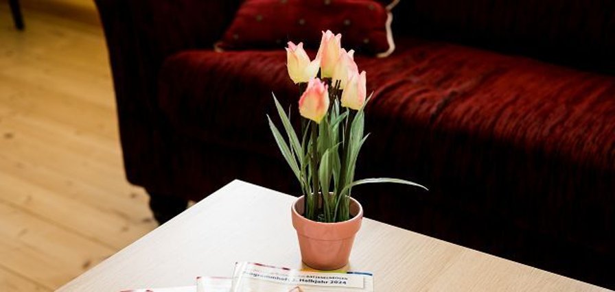 Blühend Tulpen in einem kleinen Blumentopf stehen auf einer Tischecke, dahinter der Ausschnitt eines roten Sofas.